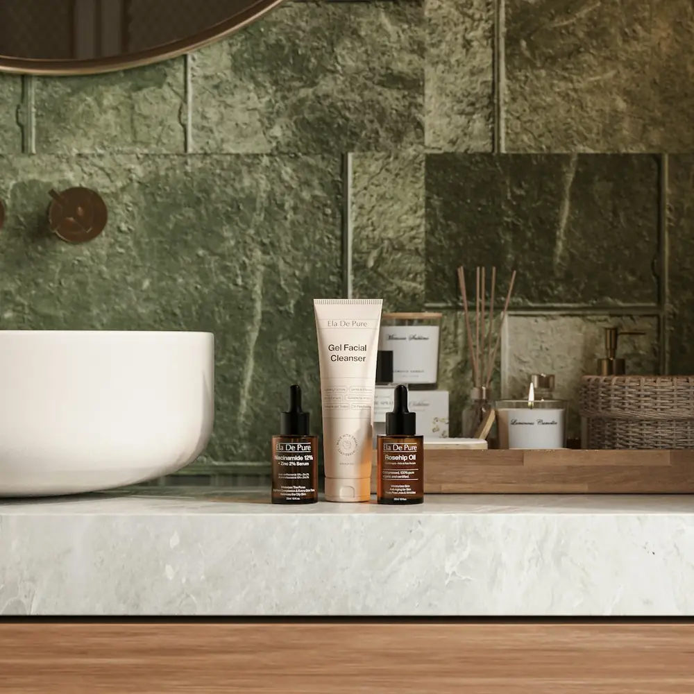 Skincare bottles on a green tiled shelf
